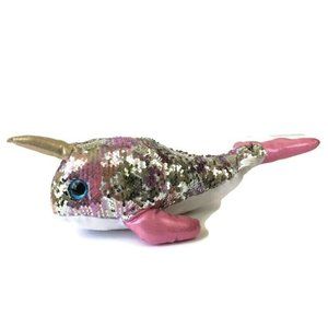 Toy Factory Narwhal Plush Sequin Reversible Stuffed Animal Pink Silver 16"